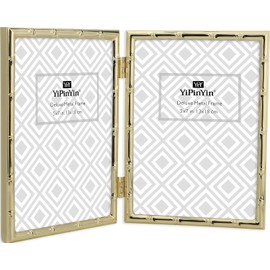 YiPinYin 5x7'' Bamboo Detail Double Photo Frames, Gold Metal Picture Frame 7x5'' Double, Elegant Narrow Profile Plated Photo Frames 2-5x7'' With Soft Touch Velvet Backing and Real Glass Desktop
