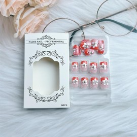 24 Pcs French Tip Press on Nails Short Square Spring Flower Fake Nails White Flowers False Nails Design Stick on Nails French Nail Tips Full Cover Artificial Nails for Women Manicure Decor