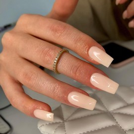 Nude Pink Press On Nails Medium Long Square, Xcreando Medium Coffin Nails Acrylic Press ons Glue on Nails Long Length, Solid Color Fake Nail for Women, Natural Thick Artificial Nail Stick on