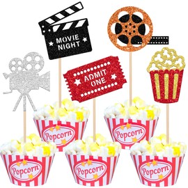 30 piezas de decoración para magdalenas con purpurina para película de noche de película, rollo de palomitas de maíz, para fiestas de cumpleaños, decoración de pasteles