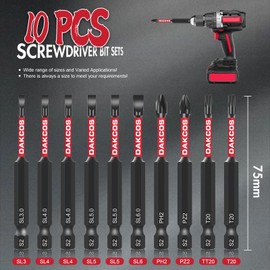 DAKCOS 10PCS 75mm Long Slotted Screwdriver Bits 1/4 Inch Hex Shank Bit Set, Flat Head Drill Bits for Impact Power Tool PH2/PZ2/SL3/SL4/SL5/SL6/TT20/T20, S2 Steel