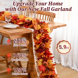 Fall Decorations for Home, 5.9Ft Fall Garland for Mantle, Fall Leaves Garland with Lights, Lifelike Pumpkins Berries & Vibrant Maple Leaves for Home Table Party Outdoor Thanksgiving Decor