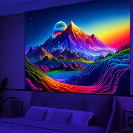SparkLia Sunset Mountain Tapestry, Blacklight Colorful Forest Lake UV Reactive Tapestry, Neon Glow in The Dark Starry Stars Nature Landscape Wall Hanging Tapestries for Bedroom - 51.2" x 59.1"