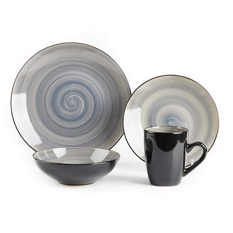 HomeVss Sonoma 16 Piece Stoneware Dinner Set, Samoa, Outside Black