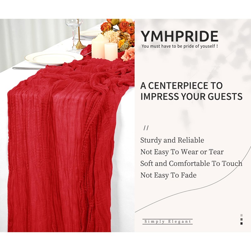 YMHPRIDE 6 Packs Cheesecloth Table Runner Red, 55x300cm Rustic Gauze