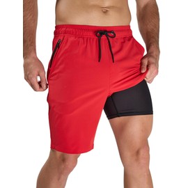 Arcweg Men's Swim Trunks 9" Swim Shorts with Compression Liner and Zipper Pockets Quick Dry Bathing Suit, Red, X-Large