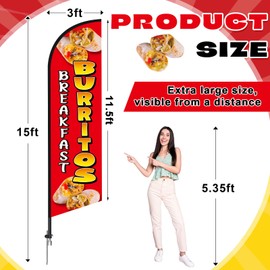 HunnmingRe 15 ft Breakfast Burritos Feather Banner Flag Kit Mexican Food Advertising Swooper Flag Banner Signs with Aluminum Flagpole Ground Spike Storage Bags for Restaurant Outdoor Store Business