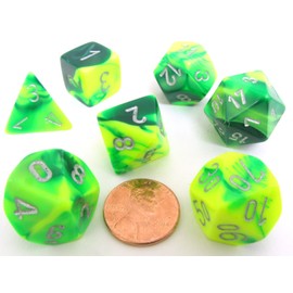 Chessex Polyhedral 7-Die Gemini Dice Set - Green-Yellow with Silver