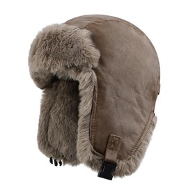Clakllie Men's Trapper Bomber Cap Eskimo Hat Winter Warm Trooper with Earflaps Outdoor Ski Cap Leather Aviator Cap,Brown
