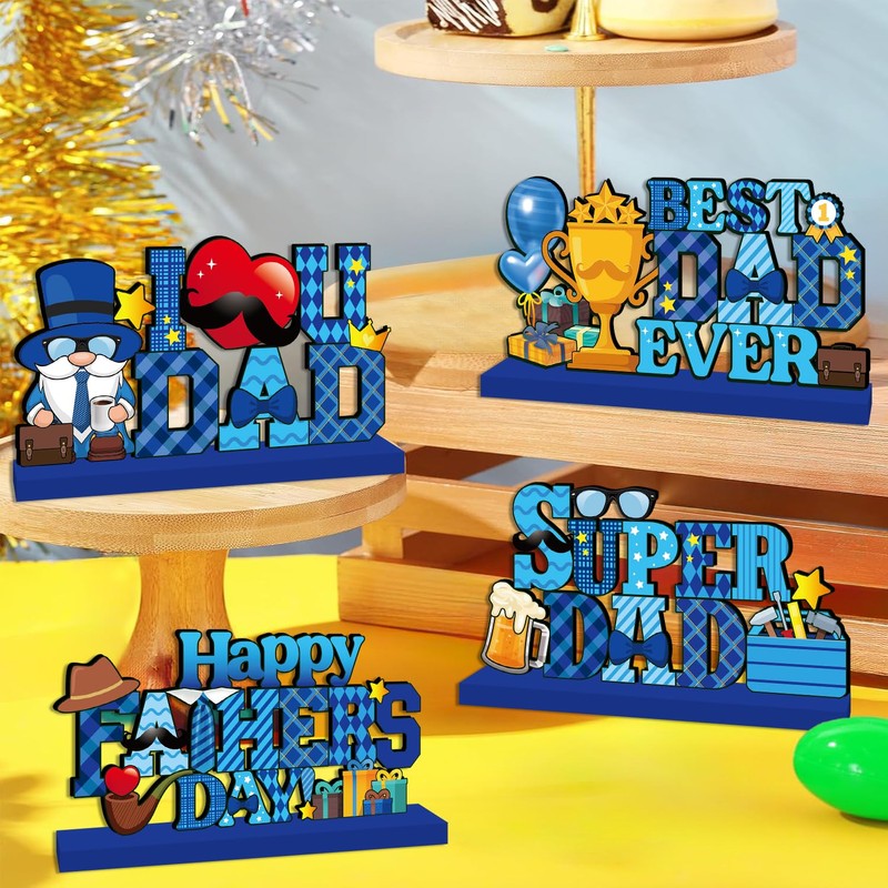 Fathers Day Decorations, 4Pcs Happy Father's Day Wooden Table Centerpieces