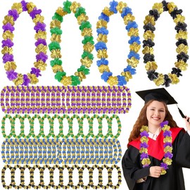 20Pcs Graduation Hawaii Leis, Generic Floral Garland Lei, 50 Inches, Black and Gold Flowers, 24 Pack, 2.55 Inch Petals (Green&Yellow)