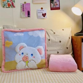 Travel Blanket and Pillow Set, 2-in-1 Cute Rabbit Bear Plush Stuffed Hugging Pillow with Warming Hands on Both Sides,Suit for Airplane Train Travel,Camping or Office (Bear)