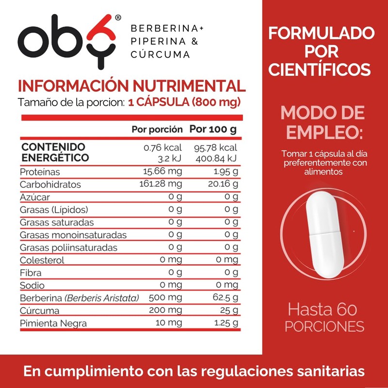 Berberina HCl Pura 60 caps Potenciada con Piperina y Cúrcuma