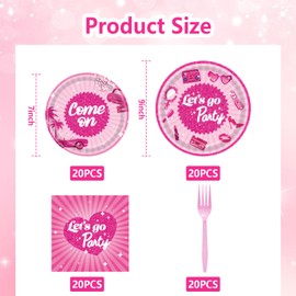 UgyDuky 80Pcs Let's Go Party Supplies, Let's Go Party Disposable Plates Napkins and Forks, Hot Pink Tableware Set for Girls, Pink Birthday Party Supplies for Birthday Disco Party Supplies, Serves 20