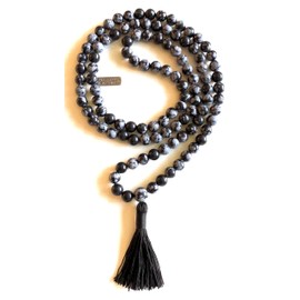 Snowflake Obsidian Mala Beads Necklace, 8mm 108 Mala Beads, Capricorn and Virgo Birthstone Crystal Gemstones