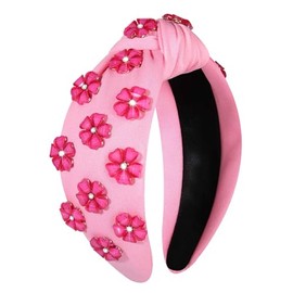 ZITULRY Flower Knotted Headbands for Women Pink Crystal Floral Jeweled Embellished Wide Top Knot Hairband Spring Summer Flower Hair Accessories for Girls Sister Mom Birthday Party Gift