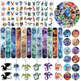 YYMYMGJ 98PCS Dragon Birthday Party Favors Dragon Party Supplies Decorations Dragon Themed Slap Bracelets Stickers Dragon Button Pins Acrylic Dragon Key Ring Temporary Tattoos