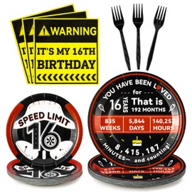 G1ngtar 16th Birthday Party Plates Supplies- Serves 24-96Pcs Drivers License 16 Years Old Warning Party Tableware Decorations Steering Wheel Disposable Paper Plates Napkins Forks for Teens Boy Girl