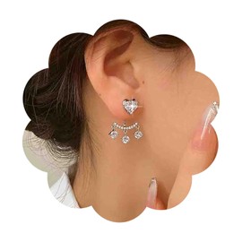 Iaceble Vintage Crystal Heart Ear Jacket Earrings Silver Cz Heart Stud Earrings Crystal Dangle Earrings Tassel Rhinestone Drop Earrings Jewelry for Women