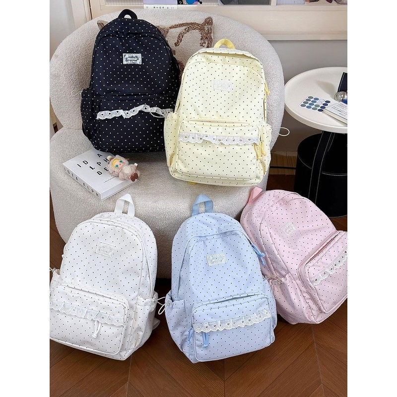 Polka Dot Backpack, Y2K Lace Aesthetic Canvas Daypack with Bow