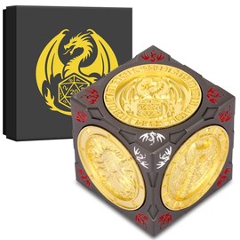DND Spinner Dice, 7-in-1 Metal Dice Set, 3D Relief Design, DND Polyhedral Rotating Game Dice, D&D Gifts with Dragon Logo Gift Box, Role Play Board Game Accessories, Dark Grey & Gold