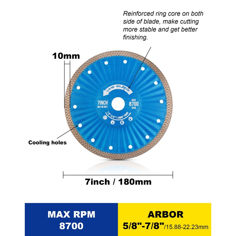7" Super Thin Diamond Tile Blade for Cutting Granite Marble