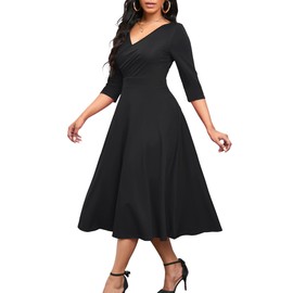 Nmoder Women's Casual Wrap Flared Midi Dress Wedding Guest Cocktail Tea Dresses A-Line Swing V-Neck 3/4 Sleeve Black XL