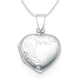 925 Sterling Silver Heart Locket Necklace with flower engraving on 16" curb chain 3gms - SIZE: 17mm x 17mm. Gift boxed 8021