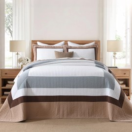 DDUOXIN Oversized King Bedspread - 120" W x120 L Extra Wide - Lightweight 100% Cotton California King Quilt with 2 Pillow Shams, Reversible Bedspreads Coverlet Bedding Set, Brown/Greyish Blue/White