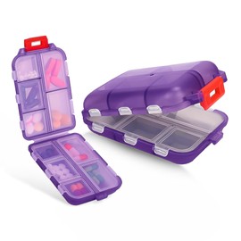 YourRx Travel Pill Box – Travel Pill Organizer – Compact Portable Pill Case with 10 Compartments – Pill Case for Purse, Pocket – Durable Daily Pill Organizer for Vitamins, Supplements (Purple)