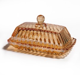 Crystal Butter Dish with Lid for Countertop,Vintage Container for Counter,Covered French Butter Tray,Butter Stick Tray Holder for Fridge,Keepers on Counter (Amber, 7 x 3.9 x 3.7 inch)