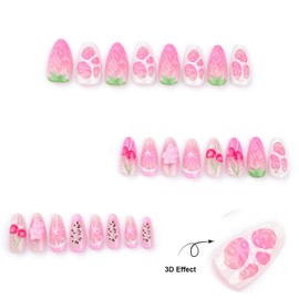 LPOODDNU 3D Handmade Press on Nails Medium Almond Fake Nails Glossy Pink Summer Fruit False Nails with 3D Cherry Strawberry Grape Designs Elegant Stick on Nails Acrylic Glue on Nails for Women 24Pcs