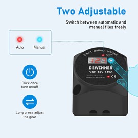 DEWINNER 12V 140Amp Dual Battery Isolator Manual/Auto Modes VSR-Voltage Sensitive Relay, with LED Screen, Voltage Display, Designed for ATV, UTV, Boat, RV, Camper 5 Wheel Off-Road Vehicle