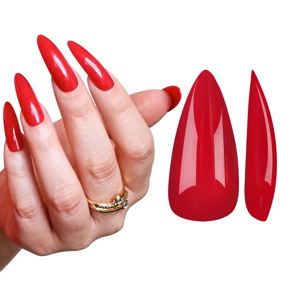 Allkem Press On Nails - Hot Red Glossy Extra Long Sculpted Stiletto 2 Set Bundle | 10 sizes - 20 pcs False Nails Full Cover Nail Kit with Glue