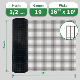 Black Hardware Cloth 16" x 10' 1/2 Inch 19 Gauge, PVC Coated Galvanized Steel Wire Mesh Roll, Welded Metal Fencing for Chicken Coop, Garden Fence, Poultry, Rabbit, Snake Barrier, and Home Improvement
