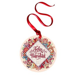 Ambesonne Spanish Flat Ornament, Christmas Elements and Celebration Theme Feliz Navidad Message in Spanish Language, Circle Aluminum Semi Gloss Hanging Decor Tree Decoration, 3.9" Round, Burgundy Pink