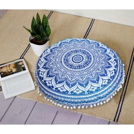 22" Round Mandala Floor Pillow Cover Cushion Sofa Seating Throw Hippie Round Colourful Decorative Bohemian Boho Chic dog bed Indian Pouf Ottoman Handmade (Ombre- Blue)