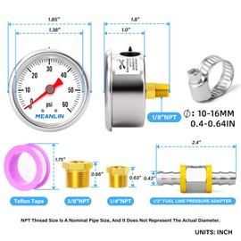 MEANLIN MEASURE 0-60Psi Stainless Steel Glycerin Filled Pressure Gauge 1/8" NPT 1.5" FACE DIAL, with 1/2" Line Pressure Adapter Liquid Filled Pressure Gauge (9Pieces Kit, Back Mount)