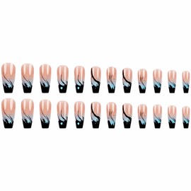 MERVF Coffin Press on Nails Long Fake Nails Black Flame French Tip Glue on Nails Press ons Dark Design Acrylic Goth Ballerina Fire False Nails Glossy 24pcs