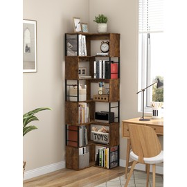 7 Tier Corner Bookshelf 74 Inches Tall Corner Bookcase Industrial L Shaped Book Shelf with Metal Frame Display Rack Storage Organize for Home Office,Living Room,Bed Room (Brown)