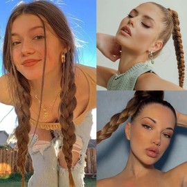 2Pcs Braided Ponytail Extensions with Hair Ties Soft Synthetic Hair Pieces for Women Girls Daily Wear 16 Inch （ Light brown）