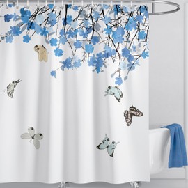 LIVETTY Blue Shower Curtain Butterfly Floral Shower Curtains Plant Bathroom Decoration Fabric Bath curtain With 12 Hooks Washable Quick-Drying Curtains