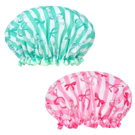 Pack of 2 Children's Shower Caps, Elastic Band, Double Layers, Waterproof Shower Cap, Women's Bath Cap, Women's Shower Cap with Ruffled Edge, Cover Ears for Long, Short, Curly Hair