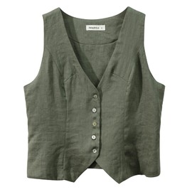 Amazhiyu Womens Pure Linen Sleeveless Button Down Crop Top V Neck Waistcoat Vest Kombu Green, Medium