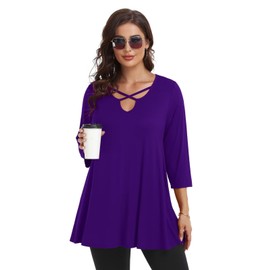 LARACE Plus Size Tops for Women V Neck 3/4 Sleeve Tunic Criss Cross Dress Shirts Casual Fall Blouse for Leggings Darkpurple