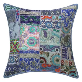 Stylo Culture Indian Decorative Throw Pillow Cushion Cover Grey 20 x 20 Inch Living Room Vintage Patchwork 50 x 50 cm Cotton Bohemian Abstract Floral Bedroom Scatter Cushion Cover | 1 Pc