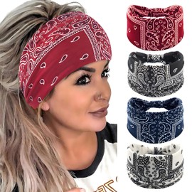 Accesyes Wide BOHO Knotted Headbands Yoga Hair bands Sport Bandeau Thick African Head Wraps Stretch Bands Hair Scarf Large Non Slip Bandana Pack of 4 (Cashew, One Size)