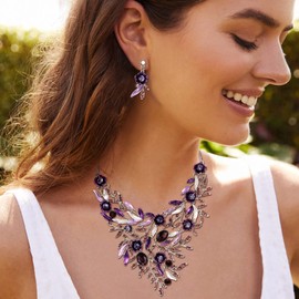 BriLove Wedding Bridal Jewelry Set for Women Crystal Flower Enamel Leaf Cluster Statement Necklace Dangle Earrings Purple Sliver-Tone