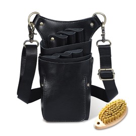 KONGPEN Scissor Case, Genuine Leather, 6 Pieces, Pig Bristle Brush, Instruction Manual, Hairdresser, Trimmer, Black Florist Case, Black