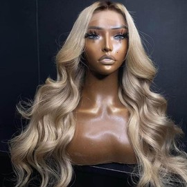 Ombre Light Ash Blonde Lace Front Wig Human Hair 210% Density Milk Tea Blonde Hair with Natural Growth Brown Roots 13x4 HD Body Wave Wig Pre Plucked Multi-Color Wigs for Any Occasion 26 Inch